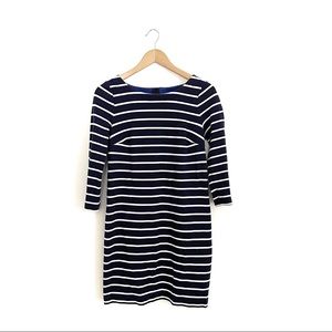 Boden Navy Blue White Striped Knit Shift Dress 3/4 Sleeves Size 6 Nautical Prep